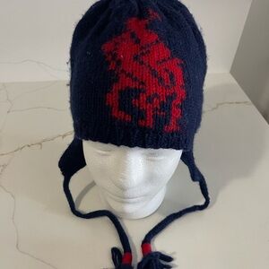 Polo bRalph Lauren Navy Knit Earflap Beanie with Red Pony USA flag snowbeach